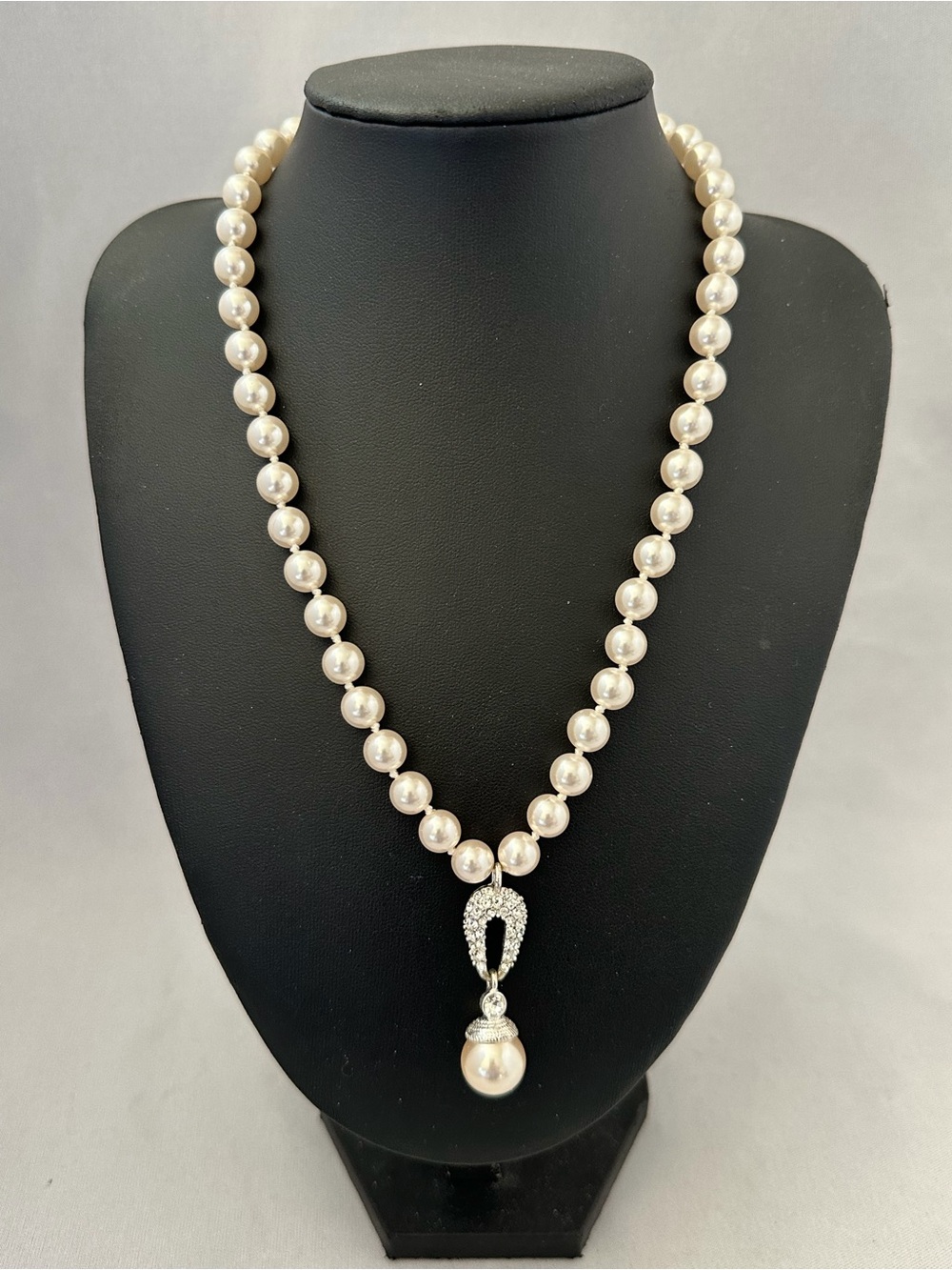 RMN Faux Pearl Strand Necklace with Crystal Drop Pendant - White